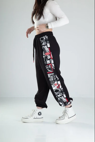 Çizgi Roman Desenli Siyah Jogger - 2