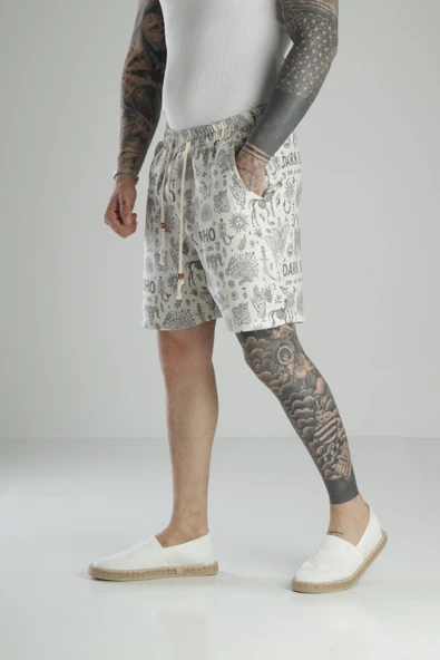 Boho Baskılı Keten Şort - 2