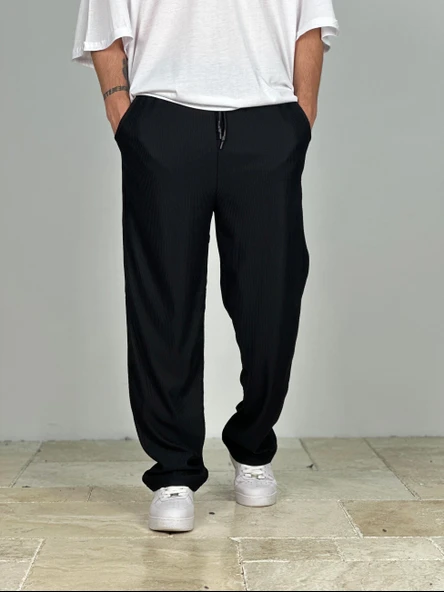 Fitilli Kumaş Siyah Baggy Pantolon - 2