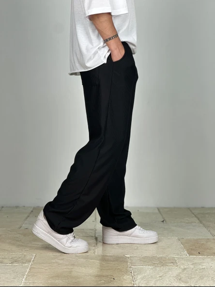 Fitilli Kumaş Siyah Baggy Pantolon - 3