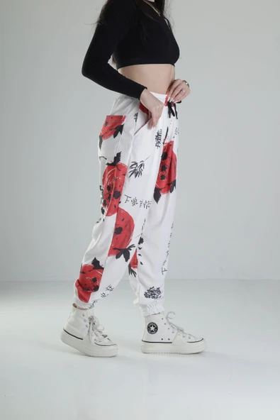 Beyaz Çin Ağacı Desenli Jogger Pantolon - 3