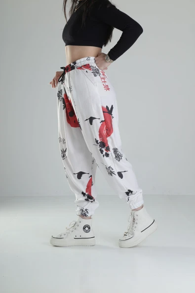 Beyaz Çin Ağacı Desenli Jogger Pantolon - 2