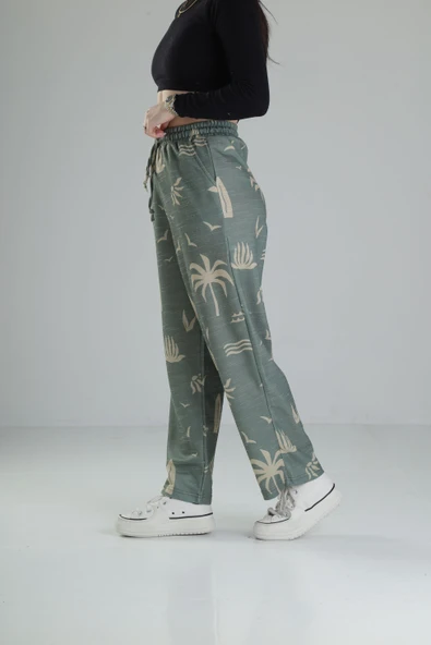 Yeşil Yaprak Desenli Baggy Pantolon - 2