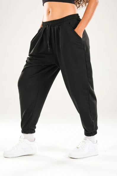 Paça Lastikli Pileli Siyah Jogger Pantolon - 4