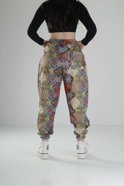 Etnik Desenli Pileli Jogger Pantolon - 4