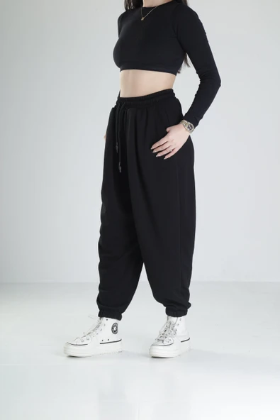 Paça Lastikli Pileli Siyah Jogger Pantolon - 2