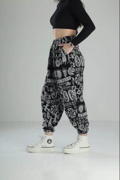Etnik Desenli Pileli Jogger Pantolon - 2