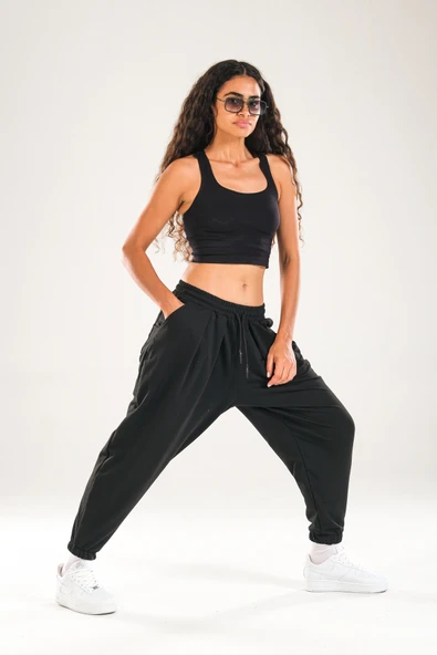 Paça Lastikli Pileli Siyah Jogger Pantolon - 1