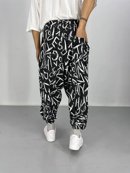 Erkek Siyah Beyaz Grafiti Spor Şalvar - 3