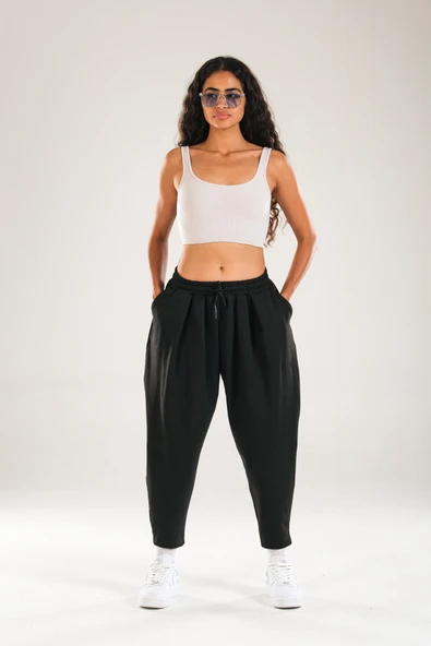 Pileli Siyah Jogger Pantolon - 4