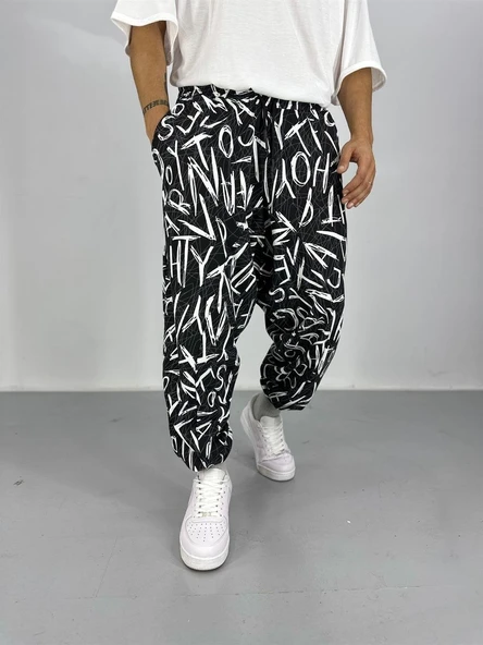 Erkek Siyah Beyaz Grafiti Spor Şalvar - 2