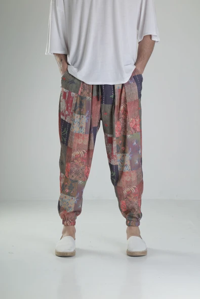 Çiçek Desenli Bürümcük Kumaş Pileli Yarım Şalvar