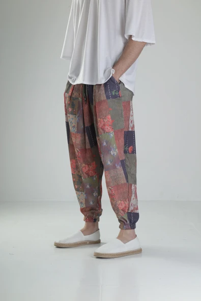 Çiçek Desenli Bürümcük Kumaş Pileli Yarım Şalvar - 2