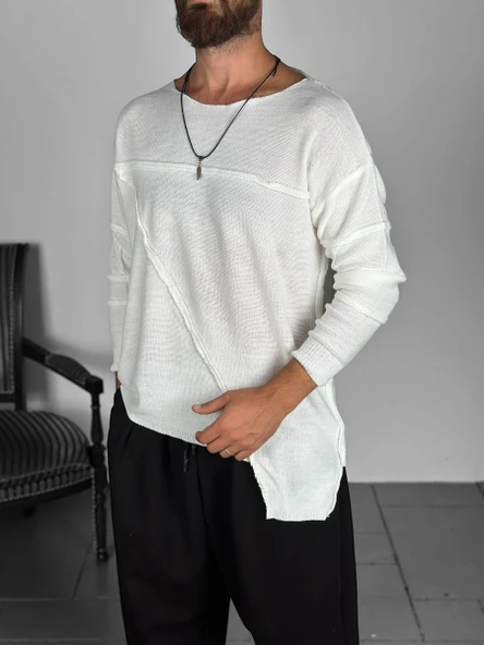 Asimetrik Kesim Ekru Triko Sweat - 3