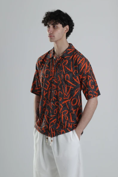 Turuncu Grafiti Desenli Gömlek - 3