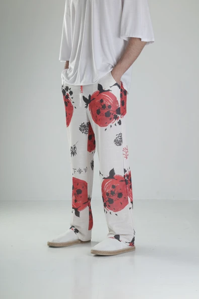 Beyaz Chinese Desenli Baggy Pantolon - 2