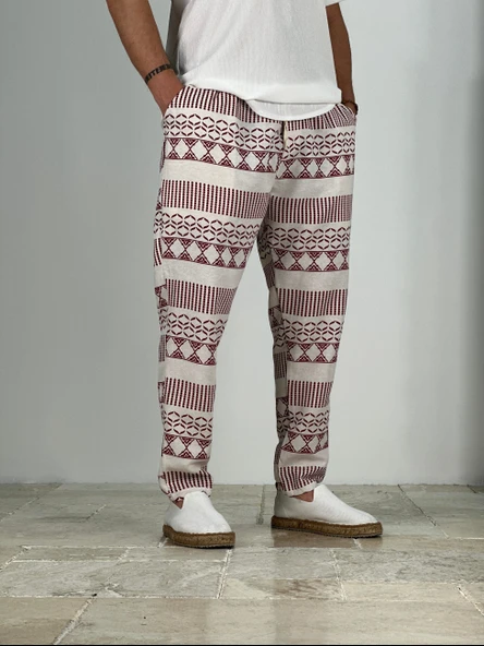 Etnik Desenli Bordo Keten Pantolon - 4