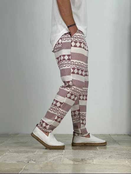 Etnik Desenli Bordo Keten Pantolon - 2