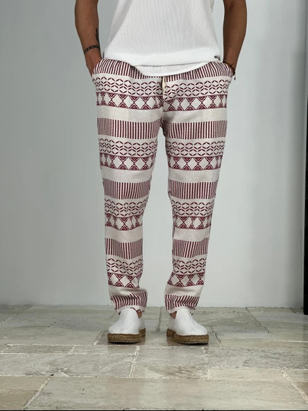 Etnik Desenli Bordo Keten Pantolon