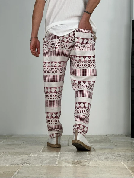 Etnik Desenli Bordo Keten Pantolon - 3