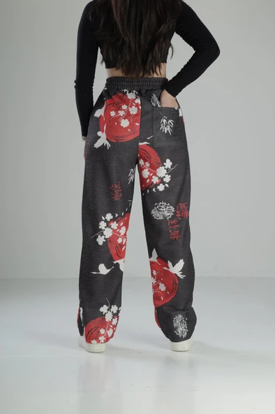 Japon Çiçeği Desenli Baggy Pantolon - 4