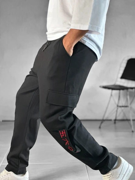 Kargo Cepli Chinese Detaylı Siyah Baggy Pantolon - 3