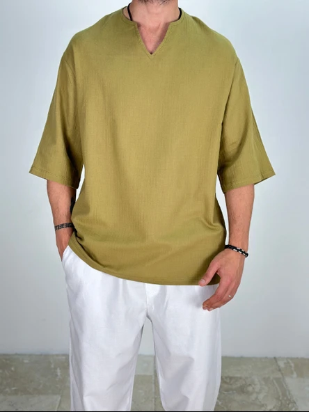 Müslin Kumaş Fakir Kol Zeytin Yeşili T-Shirt - 1