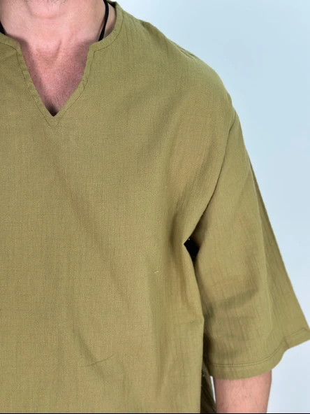 Müslin Kumaş Fakir Kol Zeytin Yeşili T-Shirt - 4