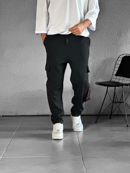 Kargo Cepli Chinese Detaylı Siyah Baggy Pantolon