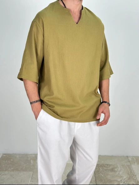 Müslin Kumaş Fakir Kol Zeytin Yeşili T-Shirt - 2