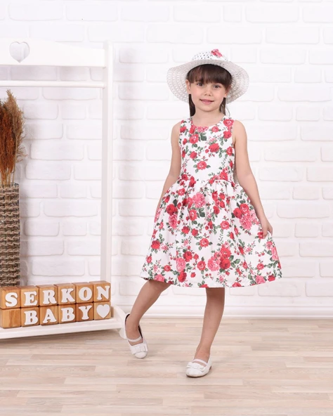 Serkon Kız Çocuk Hasır Şapkalı Güllü Elbise SER-0235 - 1