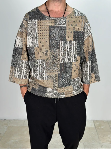 Yama Desenli Fakir Kol T-Shirt - 1