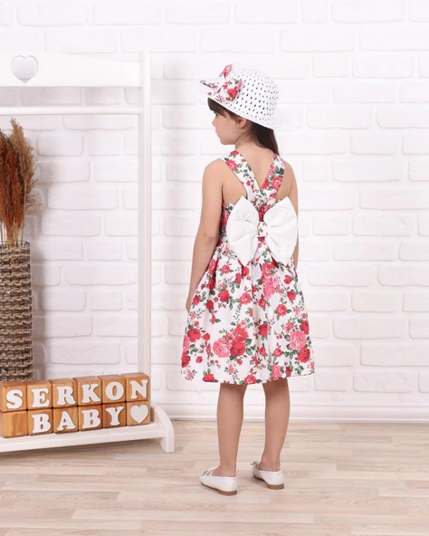 Serkon Kız Çocuk Hasır Şapkalı Güllü Elbise SER-0235 - 2