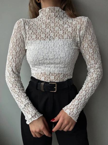 Kadın Likralı Dantel Transparan Uzun Kol Crop Bluz