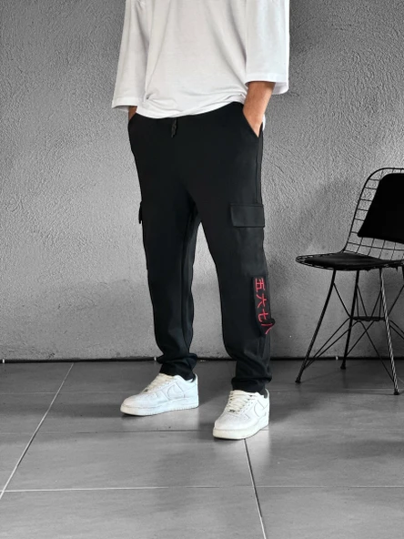 Kargo Cepli Chinese Detaylı Siyah Baggy Pantolon - 4