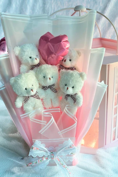 Premium Yumoş Beyaz Ayıcıklı, Kalp Balonlu Pembe Peluş Ayıcık Buketi
