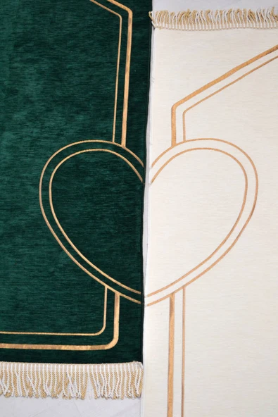 Çiftlere Özel Kalpli Kadife Eş Seccade ve İnci Tesbih Seti Yeşil – Vav Detaylı, Hediye Kutulu - Resim 5