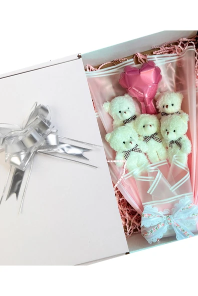 Premium Yumoş Beyaz Ayıcıklı, Kalp Balonlu Pembe Peluş Ayıcık Buketi - 5