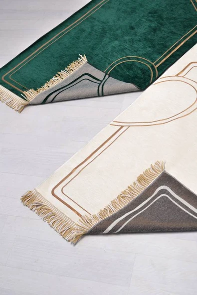 Çiftlere Özel Kalpli Kadife Eş Seccade ve İnci Tesbih Seti Yeşil – Vav Detaylı, Hediye Kutulu - Resim 4