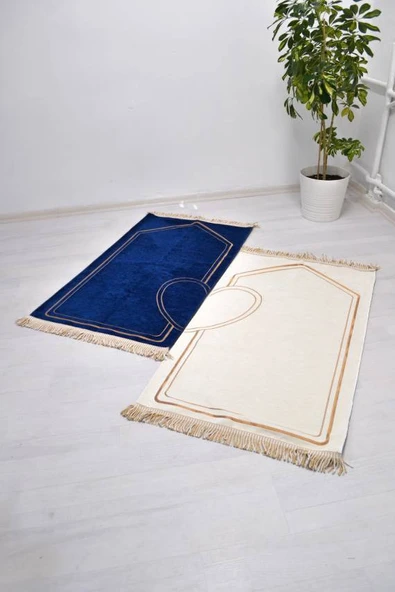 Çiftlere Özel Kalpli Kadife Eş Seccade ve İnci Tesbih Seti Lacivert– Vav Detaylı, Hediye Kutulu - Resim 3