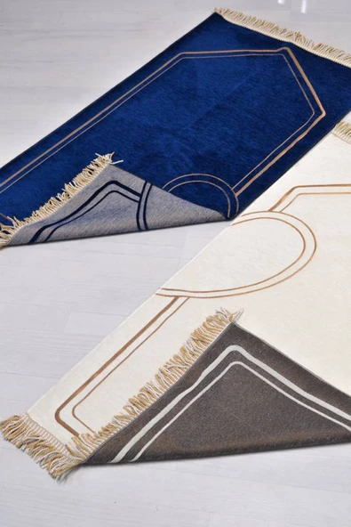 Çiftlere Özel Kalpli Kadife Eş Seccade ve İnci Tesbih Seti Lacivert– Vav Detaylı, Hediye Kutulu - Resim 5