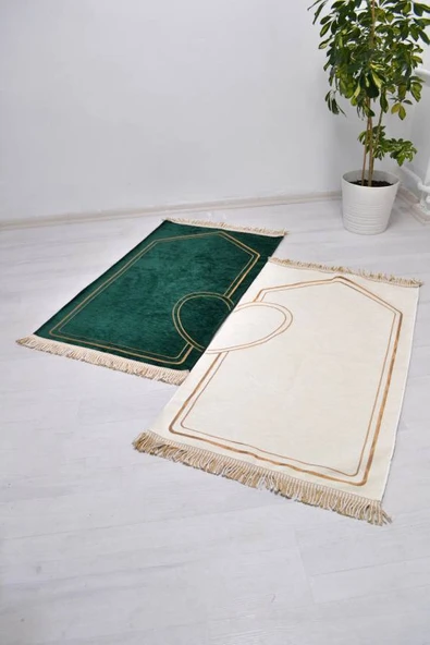 Çiftlere Özel Kalpli Kadife Eş Seccade ve İnci Tesbih Seti Yeşil – Vav Detaylı, Hediye Kutulu - Resim 3