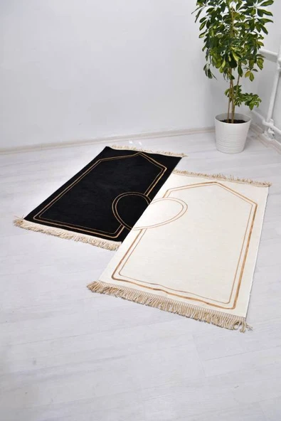 Çiftlere Özel Kalpli Kadife Eş Seccade ve İnci Tesbih Seti Siyah – Vav Detaylı, Hediye Kutulu - Resim 3