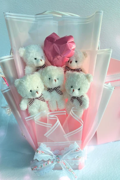 Premium Yumoş Beyaz Ayıcıklı, Kalp Balonlu Pembe Peluş Ayıcık Buketi - 3