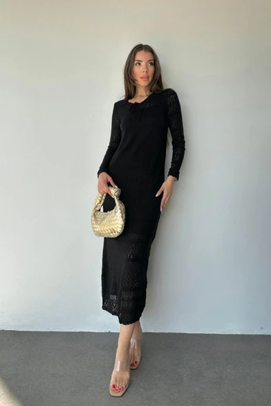 Siyah Astarlı Triko Elbise - 2