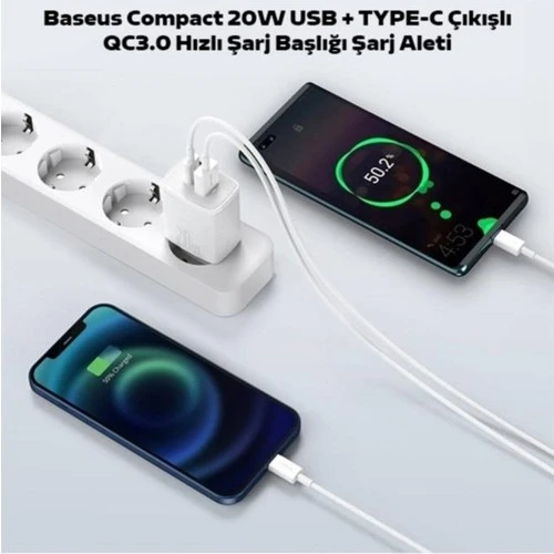 Baseus Compact 20W USB + Type-C Çıkışlı Qc3.0 Hızlı Şarj Başlığı Şarj Aleti Beyaz - 2