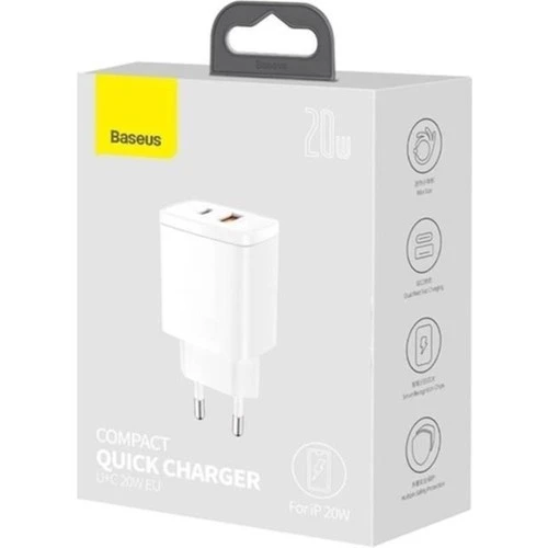 Baseus Compact 20W USB + Type-C Çıkışlı Qc3.0 Hızlı Şarj Başlığı Şarj Aleti Beyaz - 5