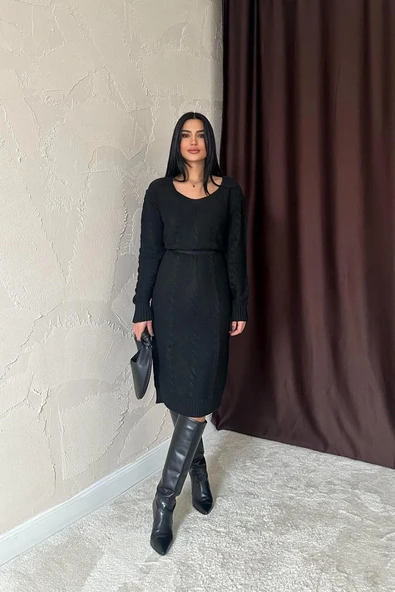 Siyah Kemerli Triko Elbise - 3