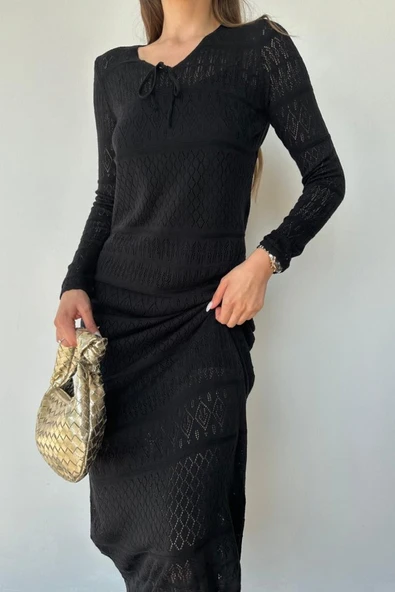 Siyah Astarlı Triko Elbise - 3