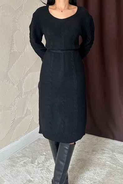 Siyah Kemerli Triko Elbise - 4